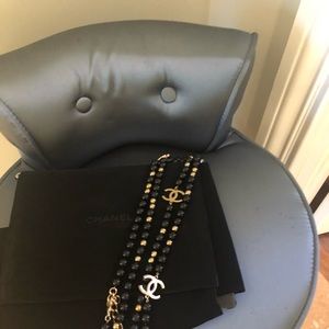 Chanel Black Gold Cc Glass Stone 52” Long Necklace